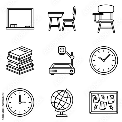 Classroom Objects Black and White Monoline Icon Collection