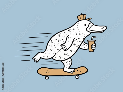 Cartoon platypus on skateboard with drink.