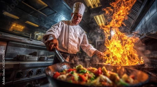 Professional chef cooking with dramatic flames in a busy restaurant kitchen.