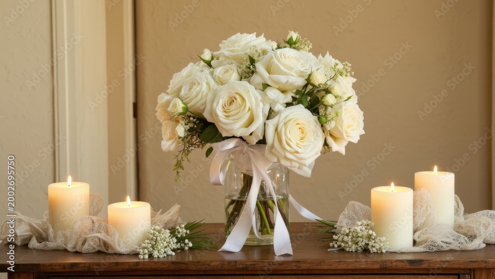 Obraz premium A beautiful wedding floral arrangement with white roses in a vase, accompanied by lit candles for a romantic ambiance.