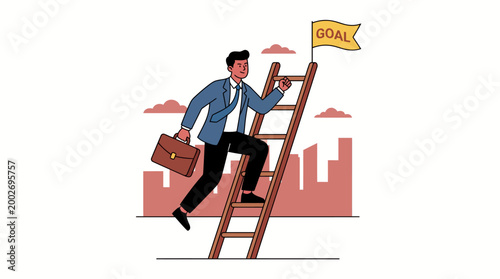 Businessman climbing ladder towards goal flag representing success and achievement