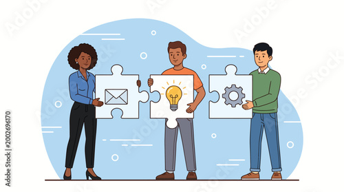 Diverse professionals collaborate on project puzzles, uniting communication, innovative ideas, and business solutions