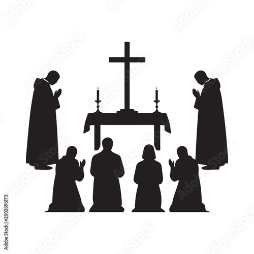 Silhouette Of Christian Priests and Congregation Praying At Church Altar With Cross.