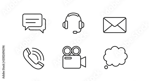 Set of communication icons including speech bubble phone headset email video camera and thought bubble.
