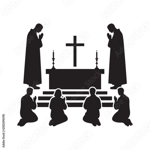 Silhouette Of Christian Priests and Congregation Praying At Church Altar With Cross.