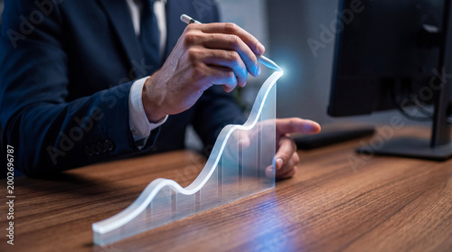 Schilderij op canvas Business professional's hand with a stylus interacting with a transparent 3D growth graph, showing financial progress