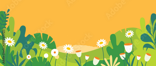 Colorful spring floral landscape banner illustration