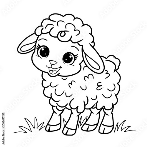 Cute Baby Sheep Cartoon Outline Black and White Coloring Page Illustration
