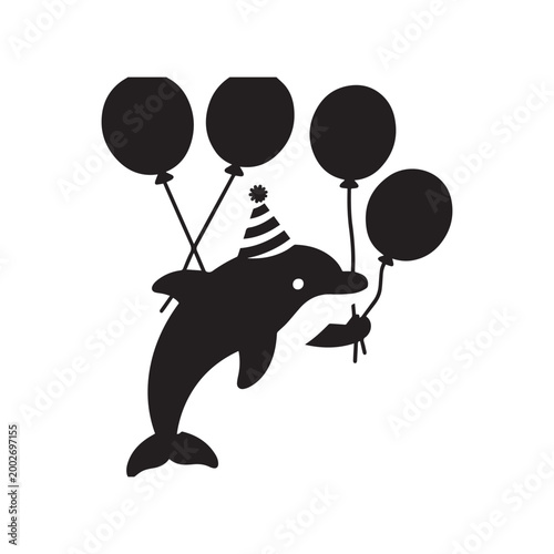 Silhouette of Cute Dolphin Wearing Party Hat and Holding Several Round Balloons. 