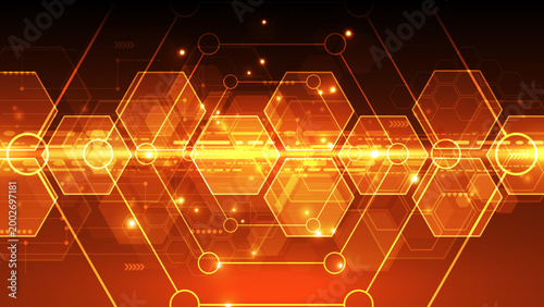 Futuristic Hexagonal Cyber Structure: Abstract Orange Network Energy Background with Glowing Data Connections