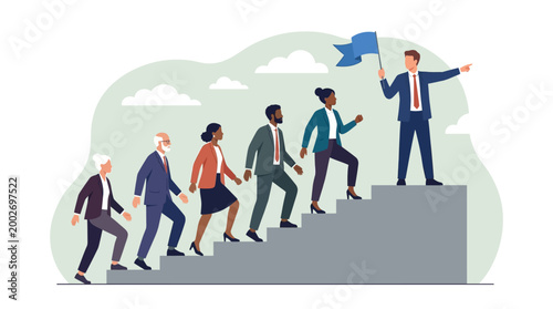 Diverse group of people climbing stairs towards success with a leader holding flag