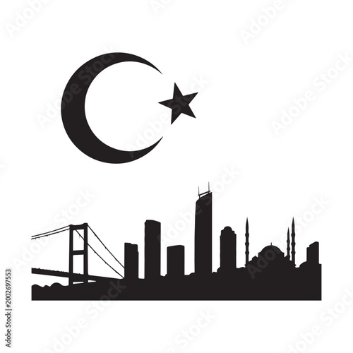 Silhouette Of Istanbul City Skyline Featuring Bosphorus Bridge Mosque And Crescent Moon.