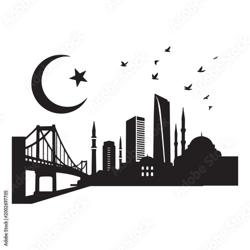 Silhouette Of Istanbul City Skyline Featuring Bosphorus Bridge Mosque And Crescent Moon.