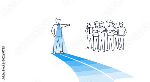 Illustration of a man leading a group of people down a blue pathway with a white line, conveying a sense of guidance and direction in a simple, line-art style.