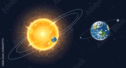 Illustration of the Sun, Earth, and Moon system, showing their orbits and relative positions in space.