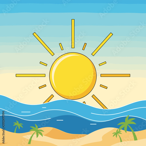 A vibrant cartoon illustration of a bright yellow sun shining over a sandy beach with blue ocean waves and palm trees under a clear sky.