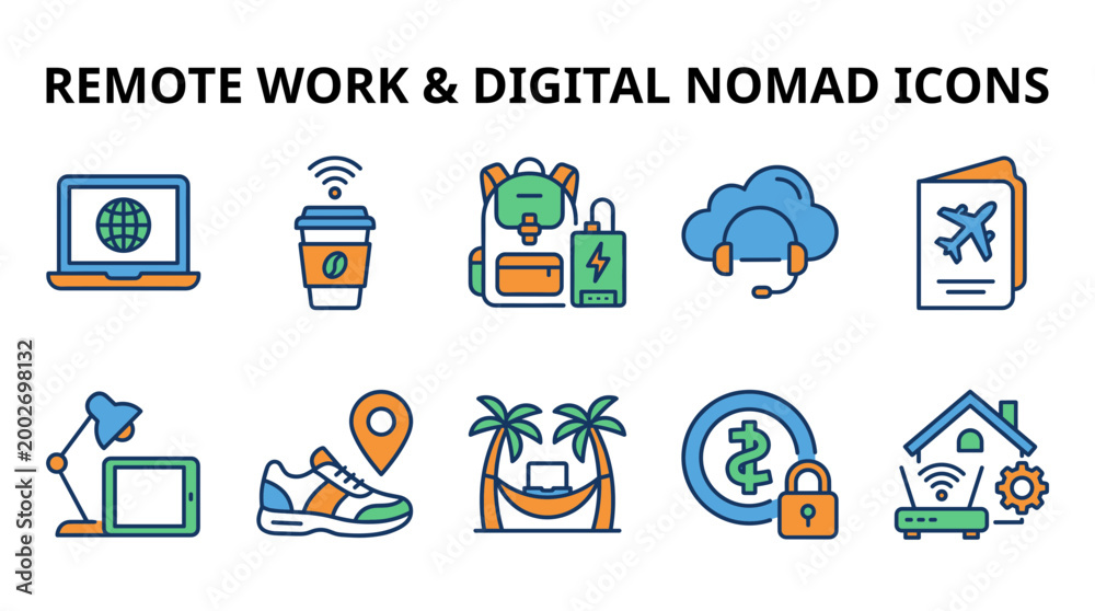 Obraz premium Remote Work and Digital Nomad Icon Set