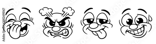 Set of comic cartoon faces featuring angry, grumpy, and irritated expressions with bold outlines on transparent background. Retro doodle character icons.