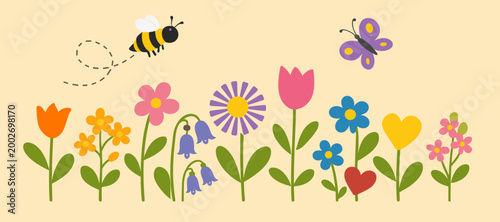 Warm yellow banner with colorful spring flowers, tulips, bluebells, hearts, flying bee and butterfly. Perfect floral horizontal border design.
