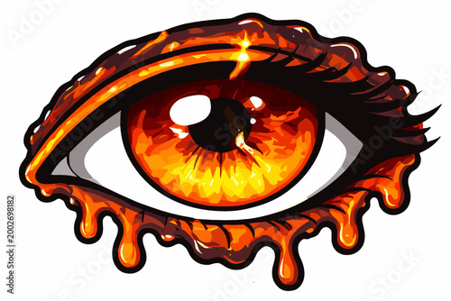 A dramatic eye with a blazing orange and red iris, surrounded by dripping lava and fire. Concept of power, passion and intensity with a melting fiery effect.