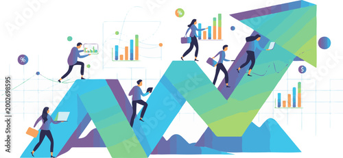 Business growth concept with professional people climbing a rising arrow graph, financial success and corporate development vector illustration