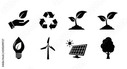 Collection of eco-friendly and sustainability icons.
