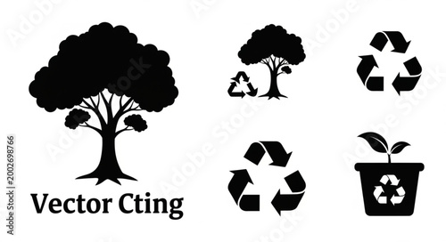 Recycle symbols and tree icons for environmental awareness.