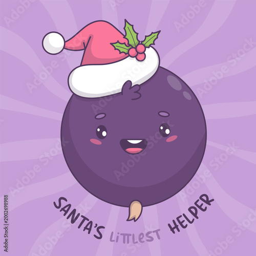 Cute Christmas Blackcurrant Character. Happy Kawaii Berry Mascot with Santa Hat for New Year Celebration and Winter Holiday Design. Vector illustration Card with Cool Quote