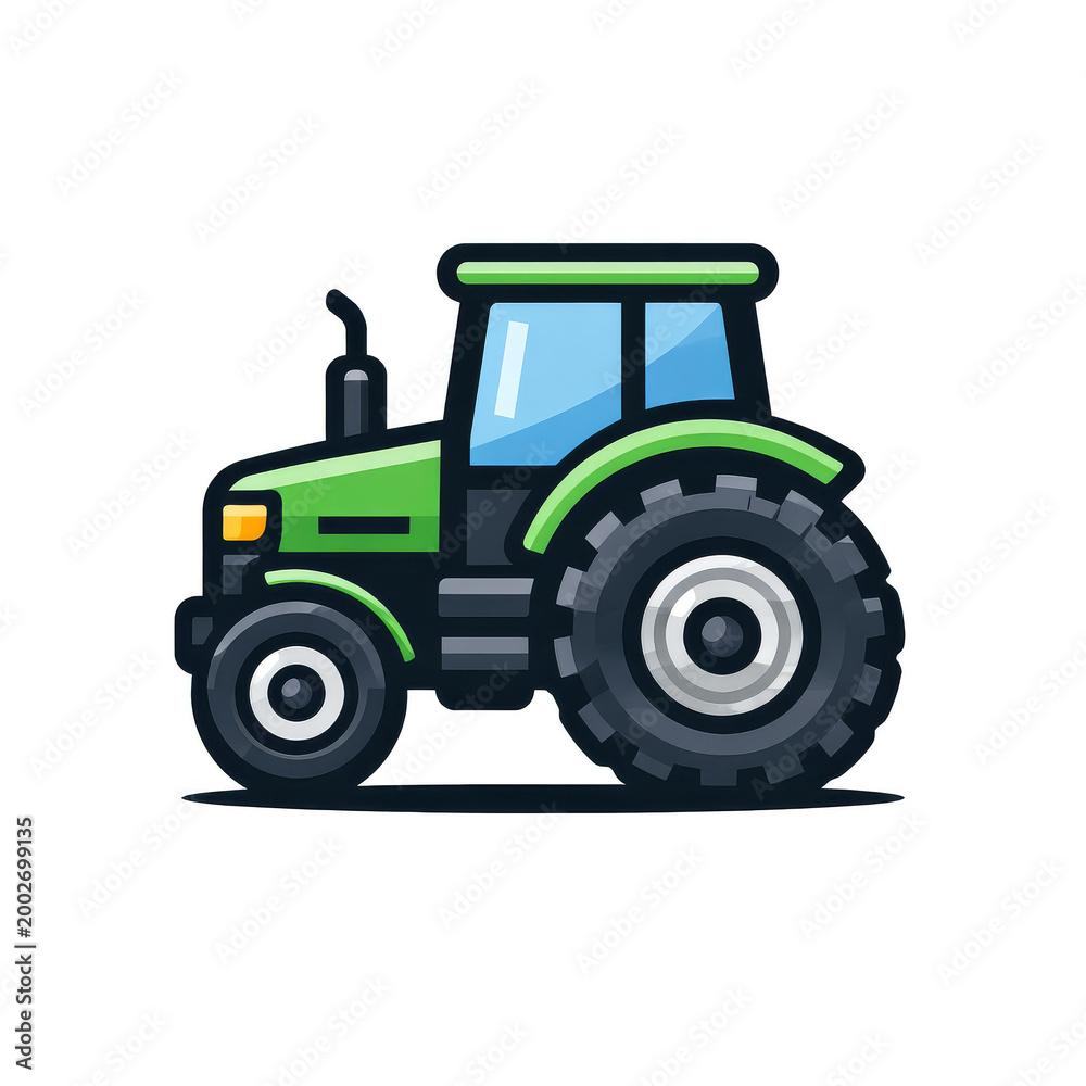 Fototapeta premium Green farm tractor driving during daylight with clean lines Isolated on white background