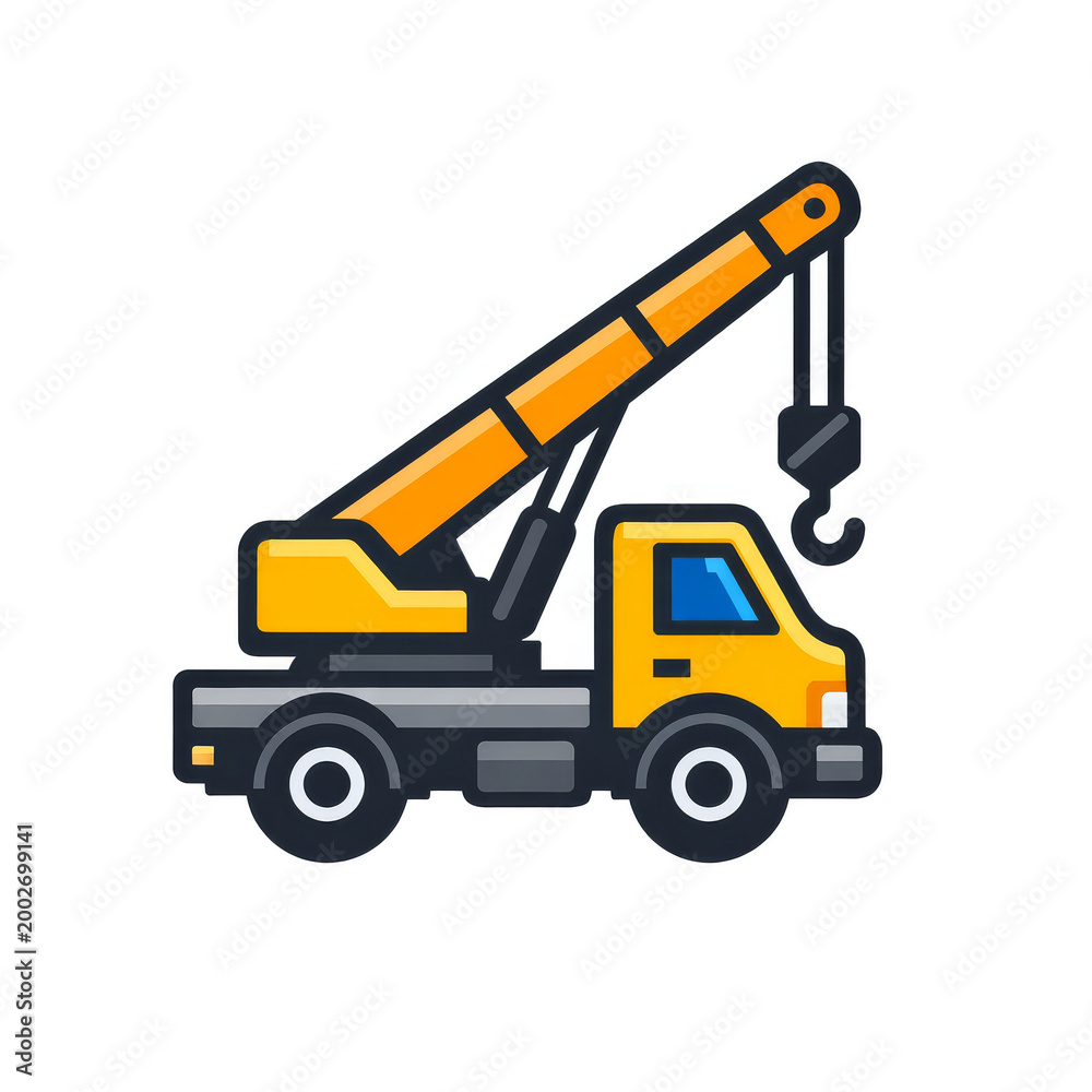 Naklejka premium Yellow mobile crane lifting hook during daytime flat design illustration Isolated on white background