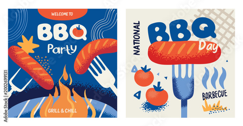 Barbecue party, poster, banner, invitation, template, creative, modern, vector illustration with barbecue area, sausage, fork, flame, textured flat design.