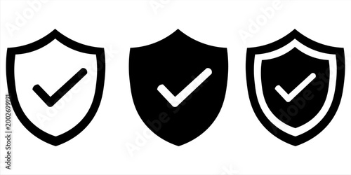 Shield check mark icon or security shield protection icon with tick symbol.