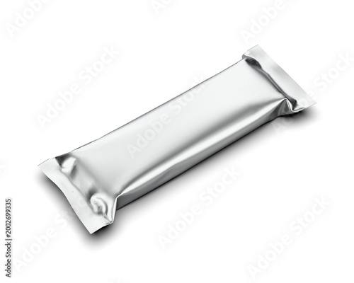 Snack bar in foil package, metallic chocolate wrapper packaging stick sachet mockup.