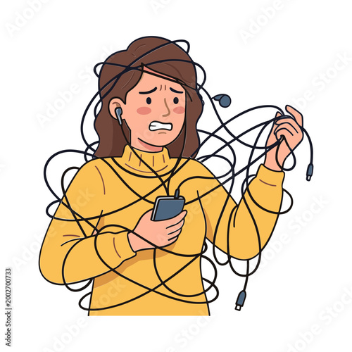 A frustrated woman struggles to untangle earbuds while holding her phone.