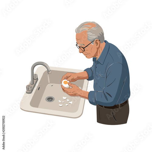 An elderly man washing a dish in a kitchen sink with soap and water.