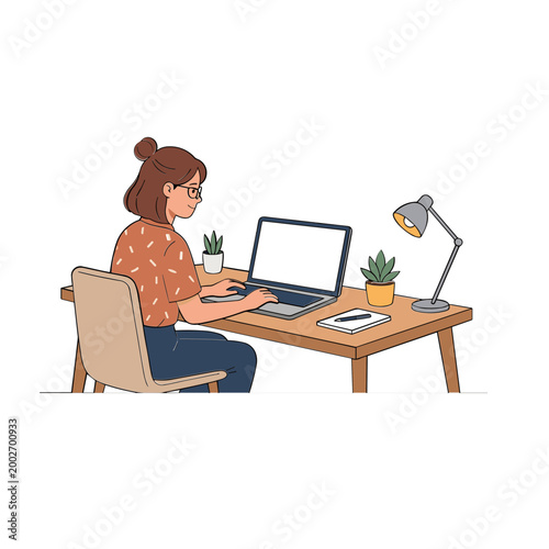 Woman sitting at desk working on laptop with lamp and plants nearby indoors