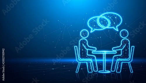 Futuristic wireframe figures conversation glowing speech bubbles