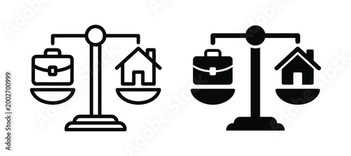 Two scales balancing a briefcase and a house in line style and solid style