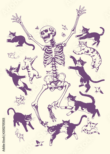 Retro skeletal illustration of a dancing skeleton surrounded by playful cats and fluttering butterflies, vintage graphic design