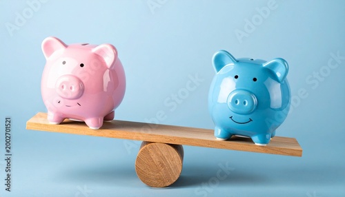 Two piggy banks balancing wooden plank financial inequality concept