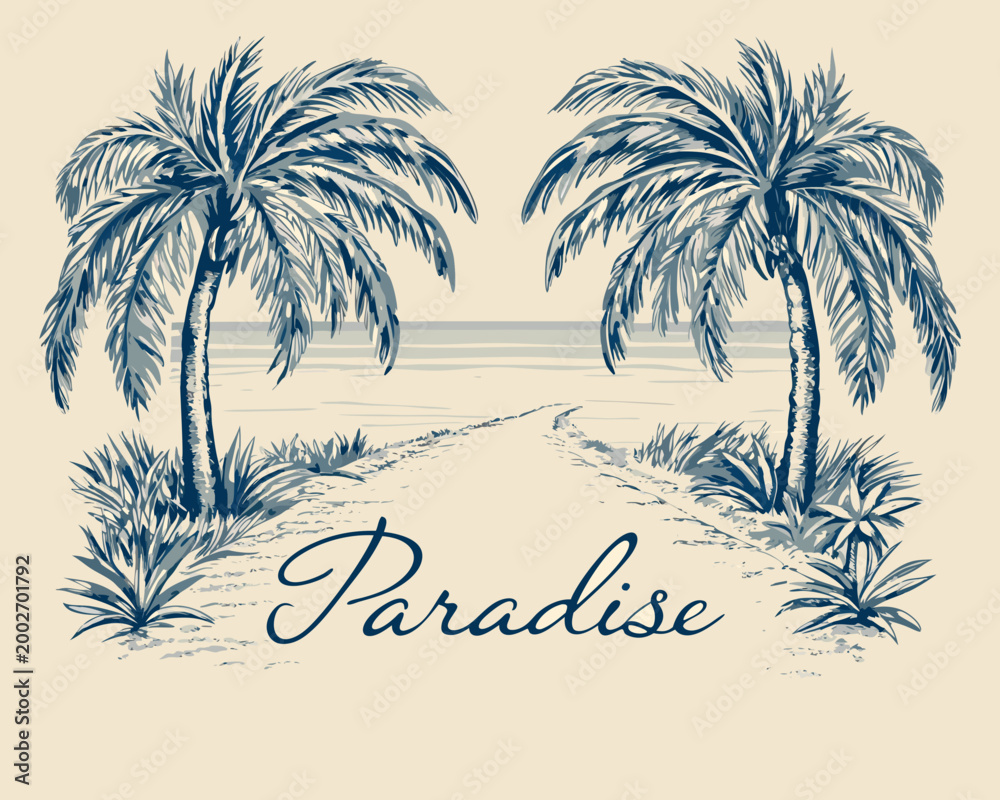 Obraz premium Palm trees line drawing with beach and paradise text vintage style