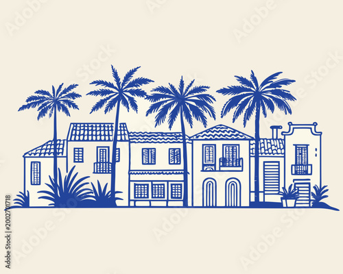 Coastal village illustration with palm trees blue line drawing