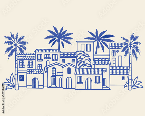 coastal village line drawing blue on white background