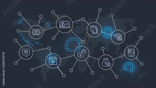 Cyber attacks animated banner with line icons. Phishing attack. Data protection. Software vulnerability. Outline symbols on dynamic background. HD video for website header and presentation