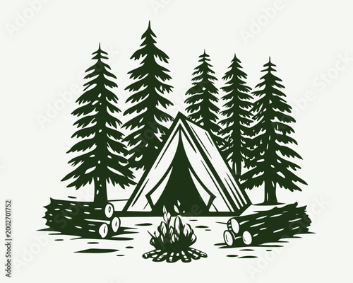Camping scene illustration with tent and pine trees vintage style