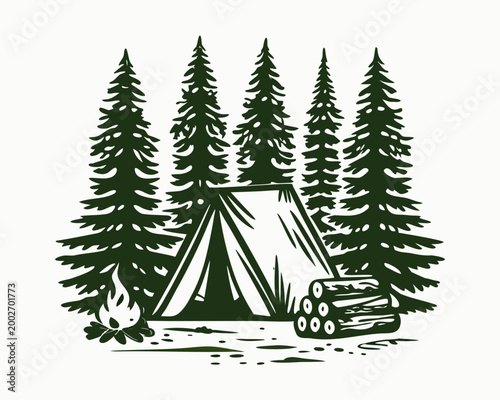 Camping scene with tent and trees retro style illustration