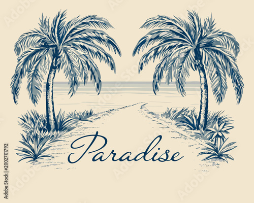 Palm trees line drawing with beach and paradise text vintage style