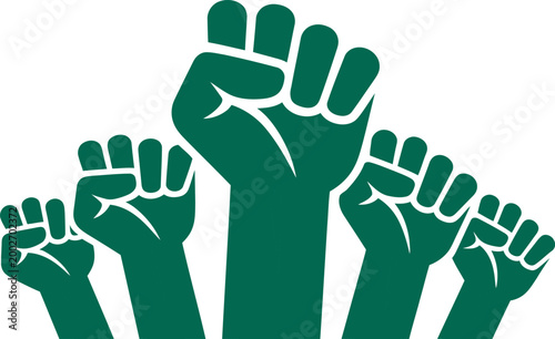 Multiple clenched fists raised upwards in a powerful gesture of unity and protest against a white background