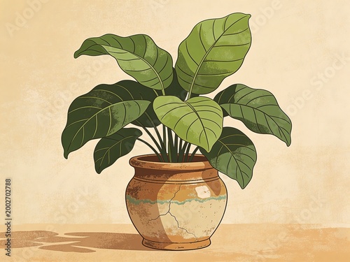 vintage ceramic pot with leafy plant vector design