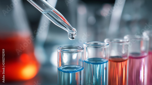 Colorful liquids in test tubes shine under laboratory lights during a scientific experiment Generative AI